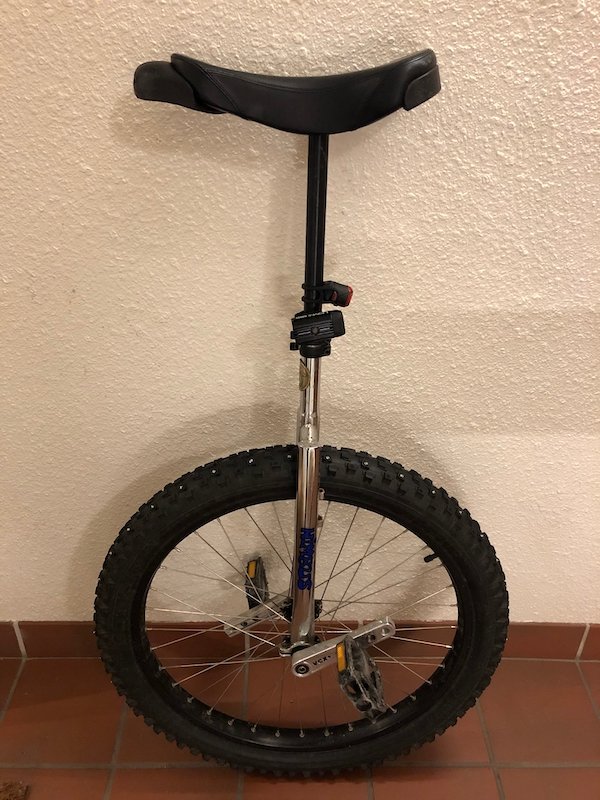 Unicycle with Duro Wildlife 26”x3” tyre, studded with Bestgrip screw in studs